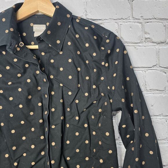 Chicos Black Gold Polka Dots No Iron 100% Cotton Blouse Size 00P (Size 0/2P) - Picture 5 of 12